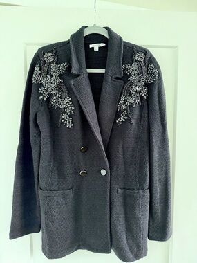 Chico's Charcoal Knit Blazer with Beaded Shoulder Detail